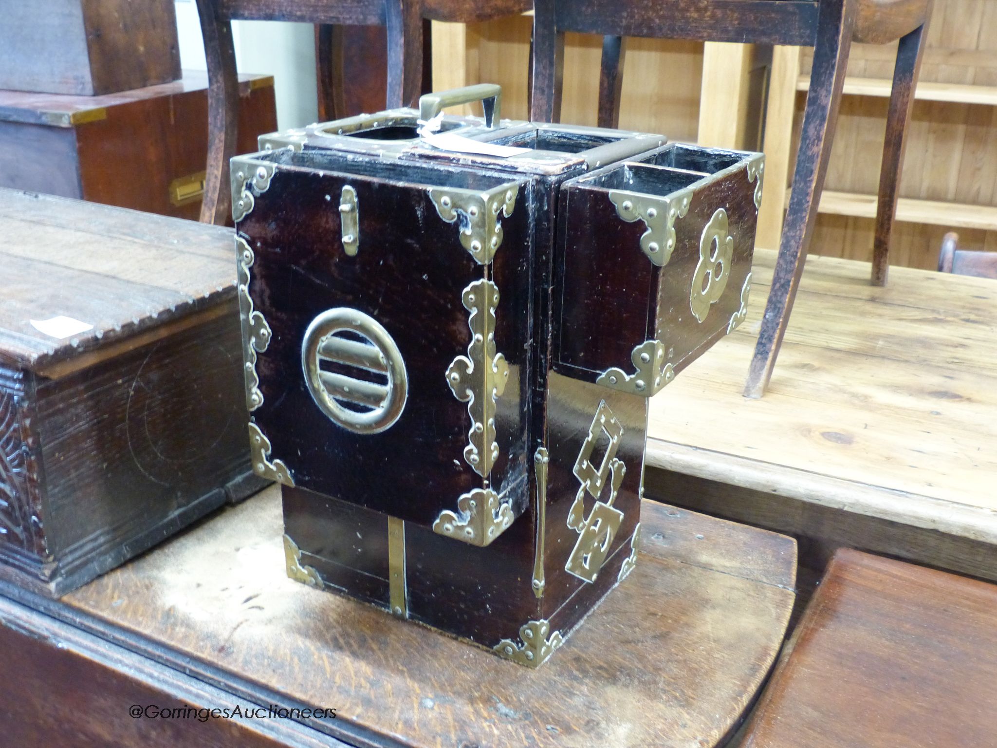 A Korean brass-bound tea chest, width 33cm, depth 25cm, height 39cm